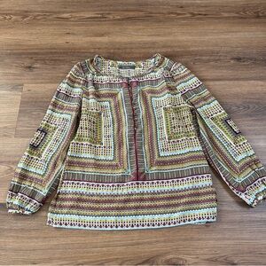 Robert Graham 100% Silk Popover Blouse Womens‎ Medium Ruffle Neckline Geometric
